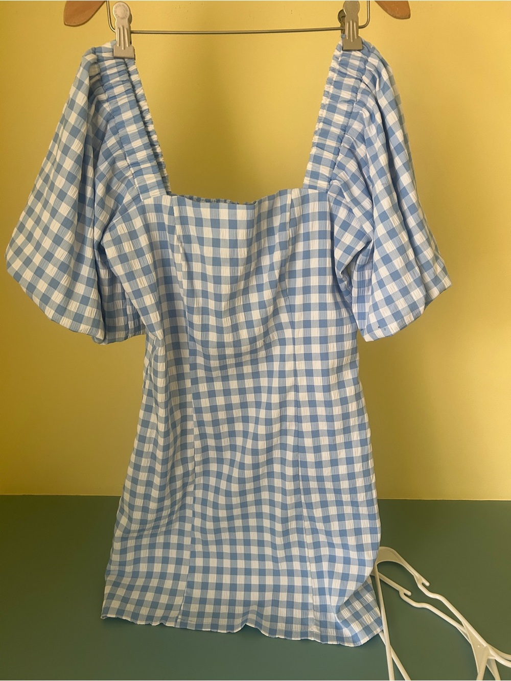 Altar'd State Blue and White Gingham Puff Sleeve Mini Dress